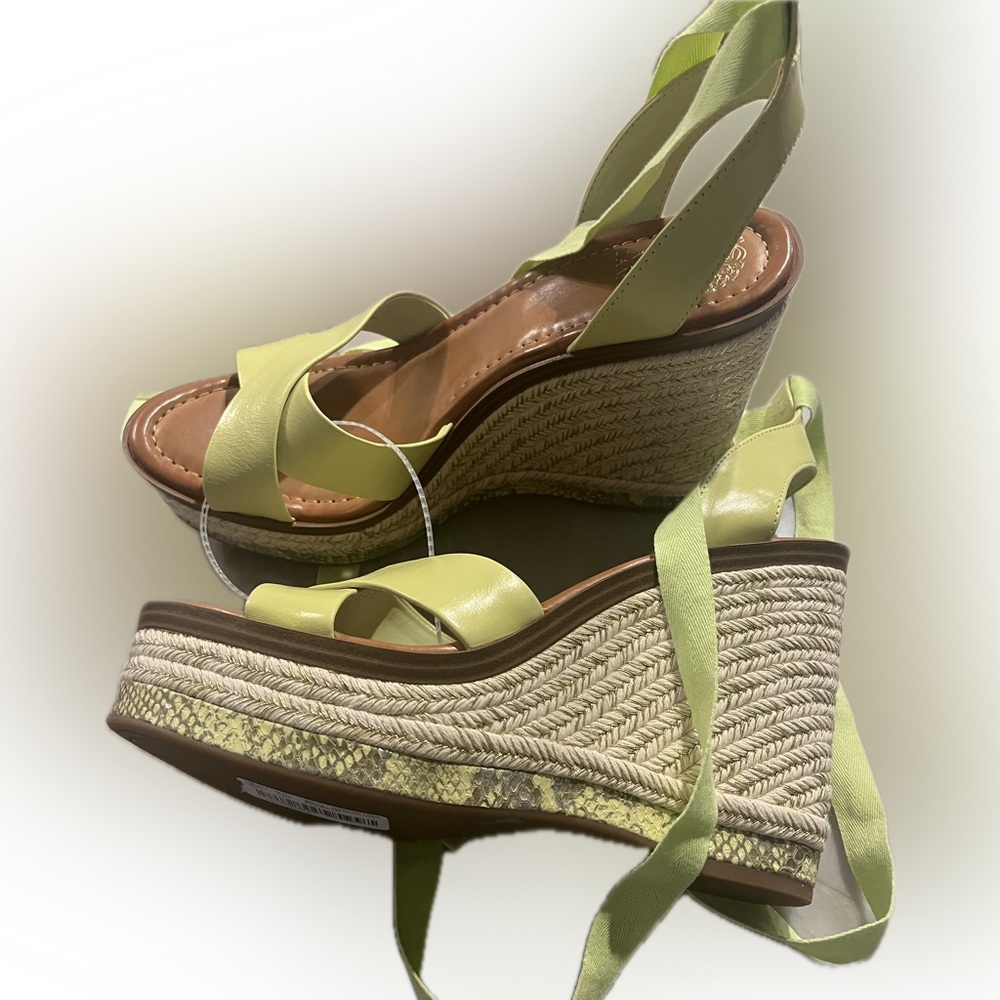 Light green ankle lace up wedges.